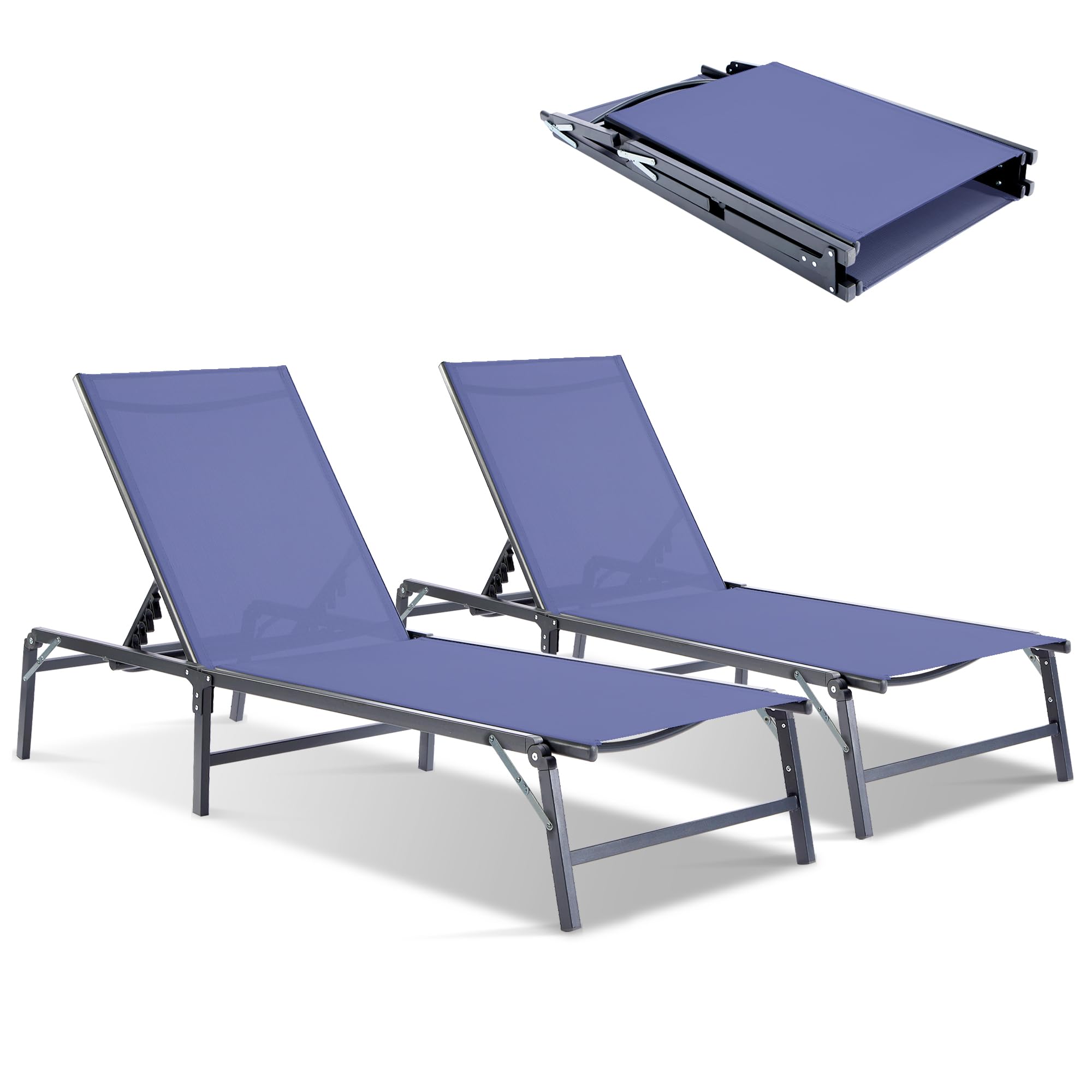 HOMELYM Outdoor Chaise Lounge Chair Set of 2, Foldable & Assemble-Free, 6 Adjustable Positions, Durable Rust-Resistant Frame, Portable Outdoor Pool