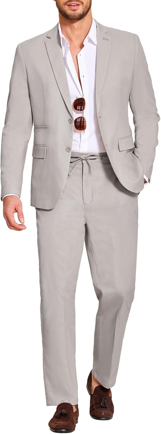 COOFANDY Men's 2 Piece Linen Suits Set Regular Fit Casual Lightweight Blazer Jacket and Pants