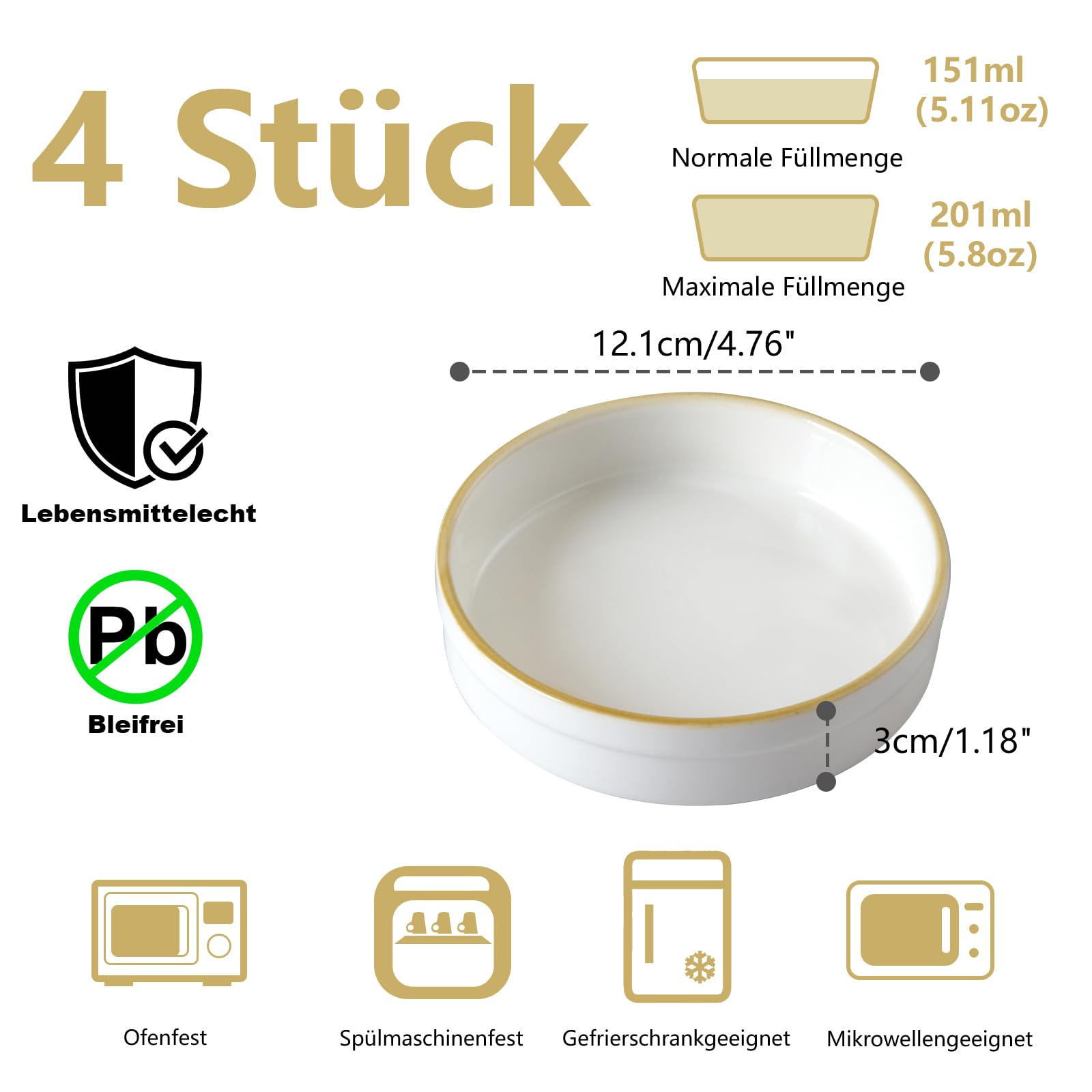 Cinf Dessertschalen Set aus Porzellan 4er Set kleine Schalen 177 ml ofenfest, für Dessert, Dip, Soufflé, Creme Brulee, spülmaschinenfest