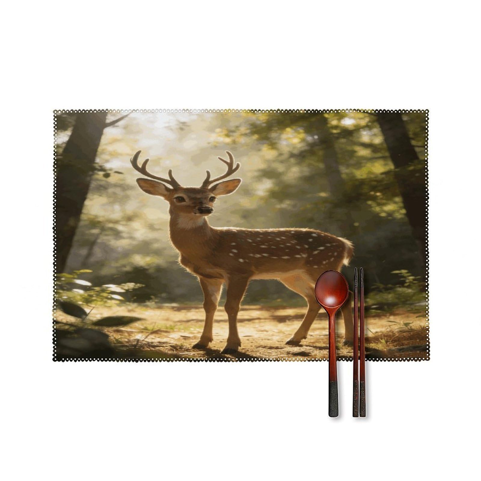Khauerbc Style Deer Encounter The Dawn Light Placemats Set Of 6,Decorating The Dining Table，Canvas Washable Table Mats，Wipe Clean Anti Slip Dining Table Place Mats For Party Kitchen Dining Decoration