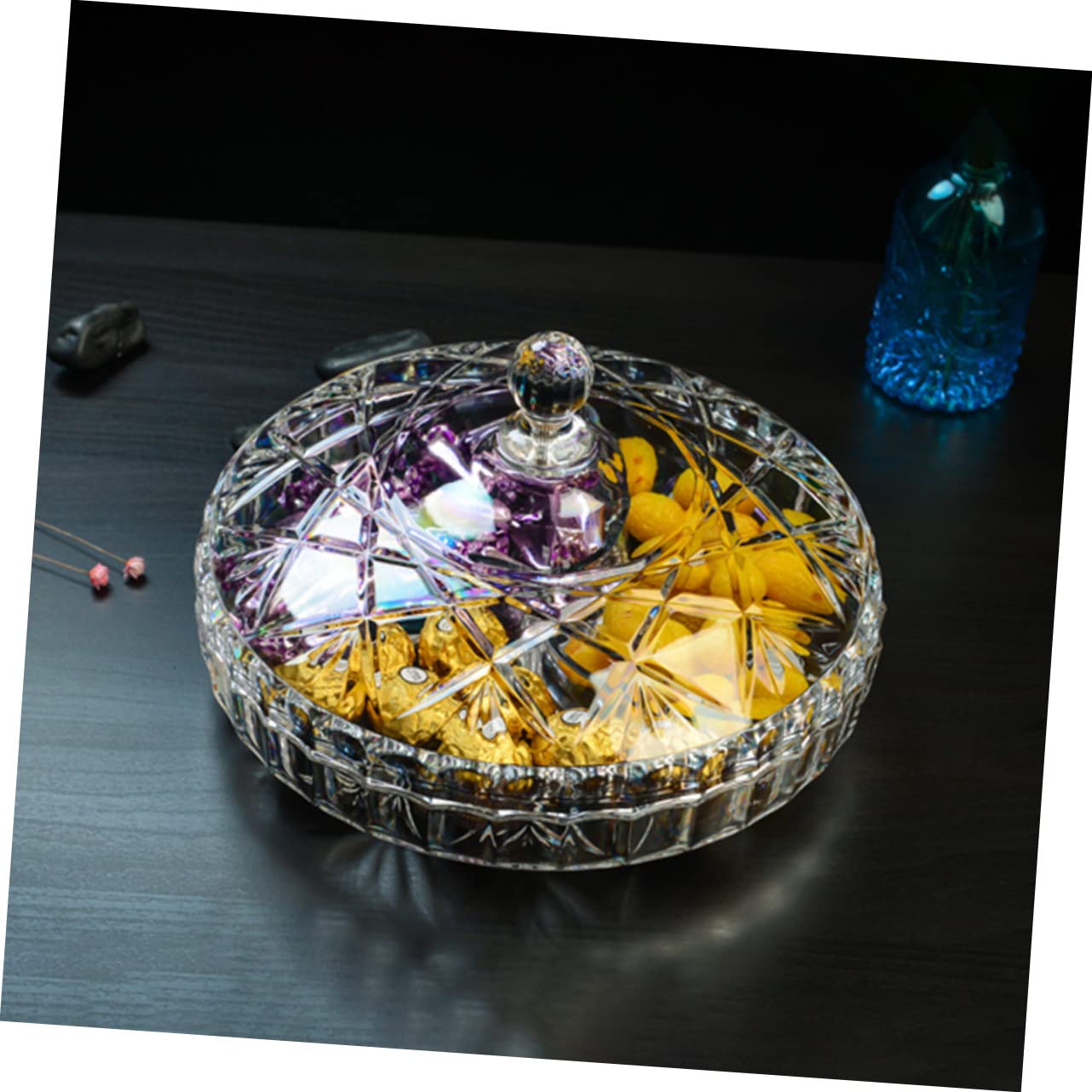 Mikikit Caja de Aperitivos Redonda de Acrílico con 3 Compartimentos, Ligera y Práctica para Nueces y Frutas, Adecuado para Fiestas Ocio