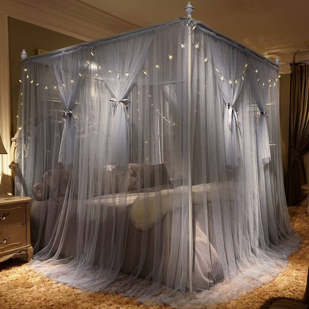 Lussuosa tenda a baldacchino grigia a 4 angoli, 2 x 2,2 x 2 m, elegante zanzariera per letti dei bambini, decorazione per camera da letto, aggiunge privacy e stile