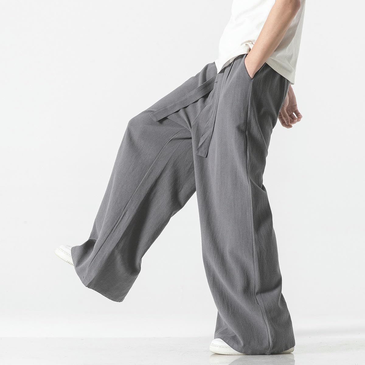 Pantaloni da uomo primavera estate stile etnico cinese cotone lino casual vestibilità ampia gonna lunga con cavallo basso