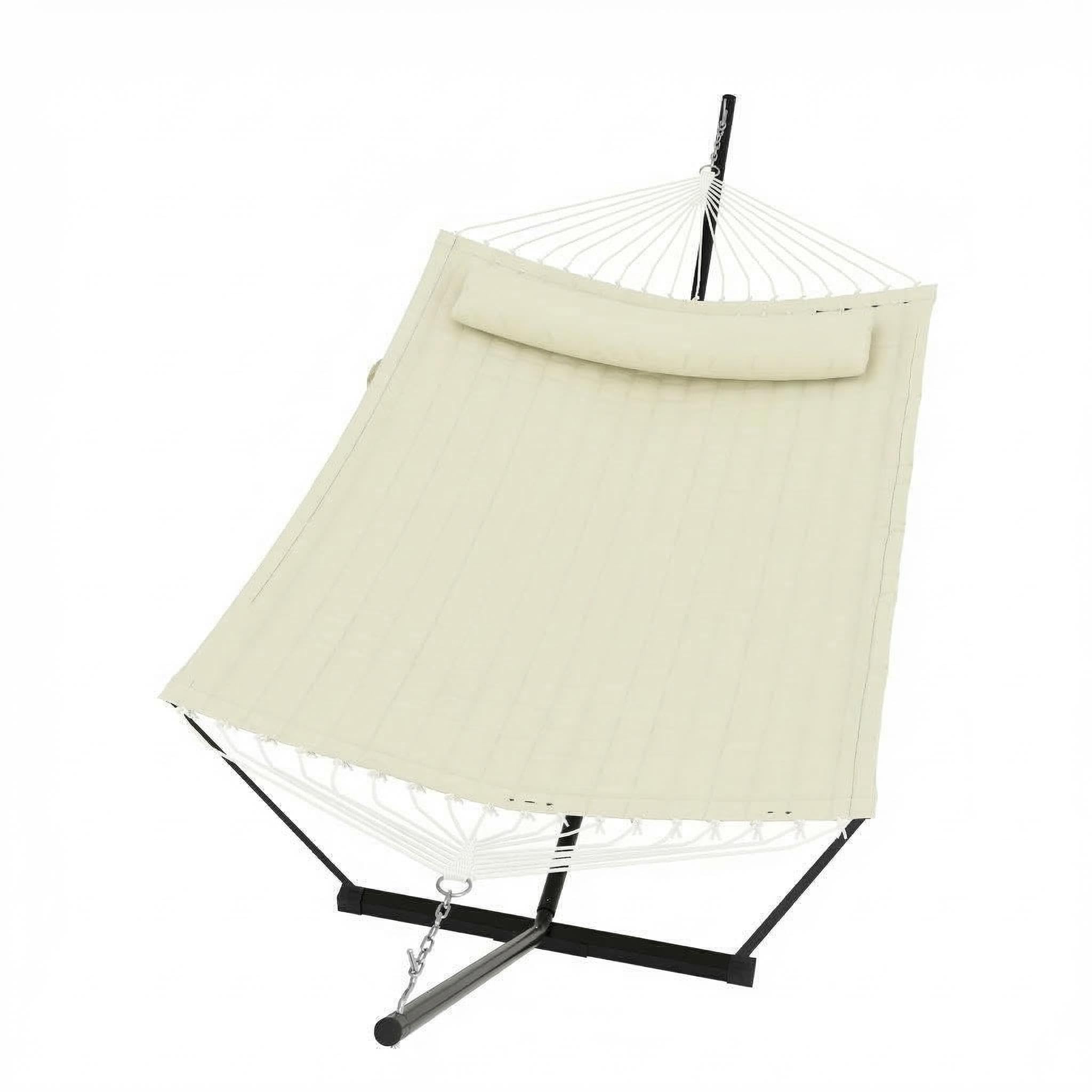 Garvee Double Hammock for 2 Person, 3.6m Large Garden Hammock with Wooden Spreader Bar & Detachable Pillow, 204kg Capacity Outdoor Swing Bed with Chains ＆ T-shaped bracket, White