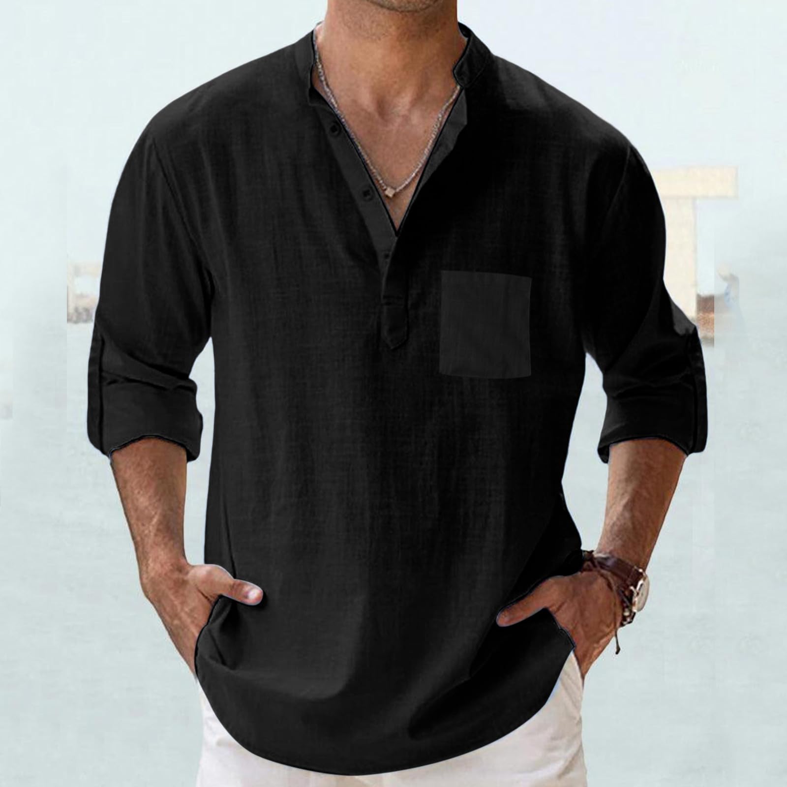 Camicia da Uomo in Lino, Maniche Lunghe Regolabili, Collo Coreano, con Taschino, Traspirante e Leggera, per Primavera, Estate e Autunno, Tempo Libero e Spiaggia,S-5XL