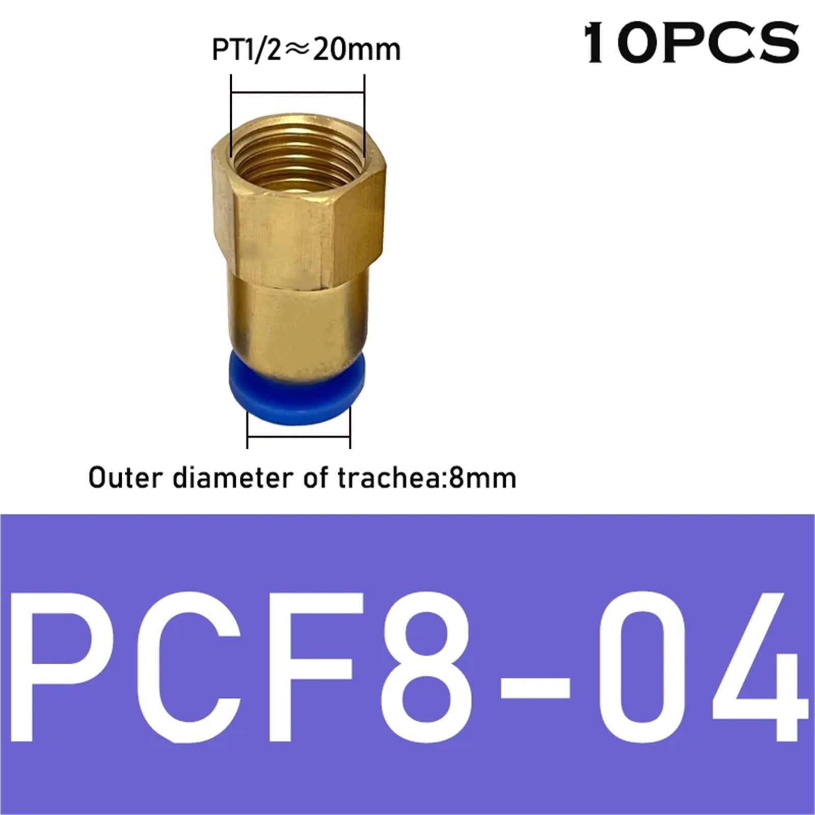 PCF PCF8-04 - Raccordo per tubo flessibile da 4-12 mm, filettatura 1/4 1/2 1/8 3/8, raccordi pneumatici in ottone, 10 pezzi
