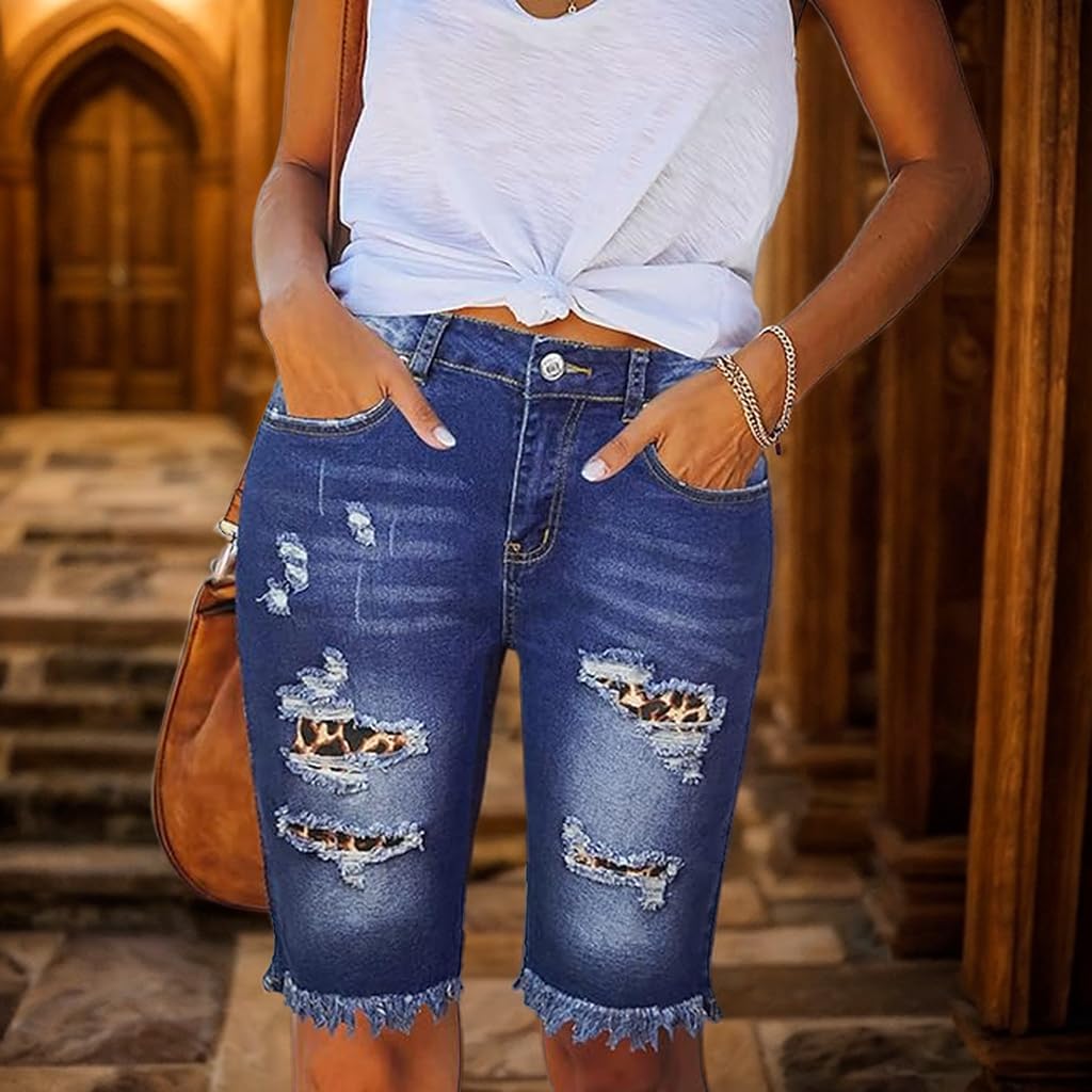 Zylphorix Women Distressed Washed Denim Jean Short Ripped Knee Lenght Denim Shorts Mid Waist Stretchy Frayed Jean Shorts (Large,Brown)