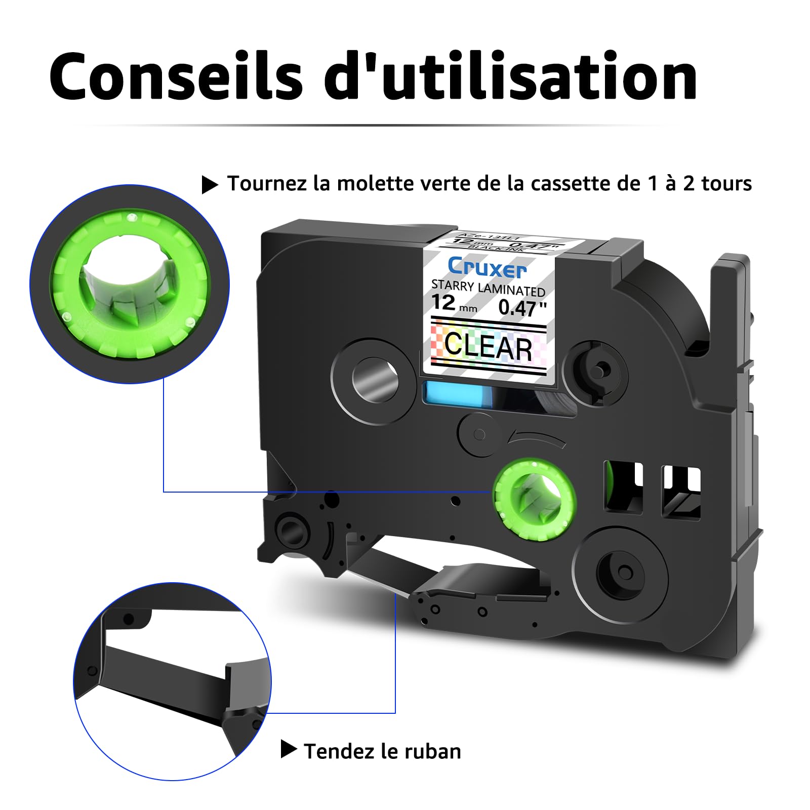 Lot de 50 Ruban compatible P-touch TZe-131L1 Noir sur Transparent 12 mm