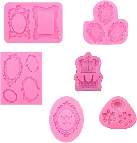 Photo Frame Fondant Mold - 6 Pack Picture Frames crown flower Silicone Mold for Cake Decorating, Sugar, Gum Paste, Chocolate, Cookies, Resin, Polymer Clay - Pink