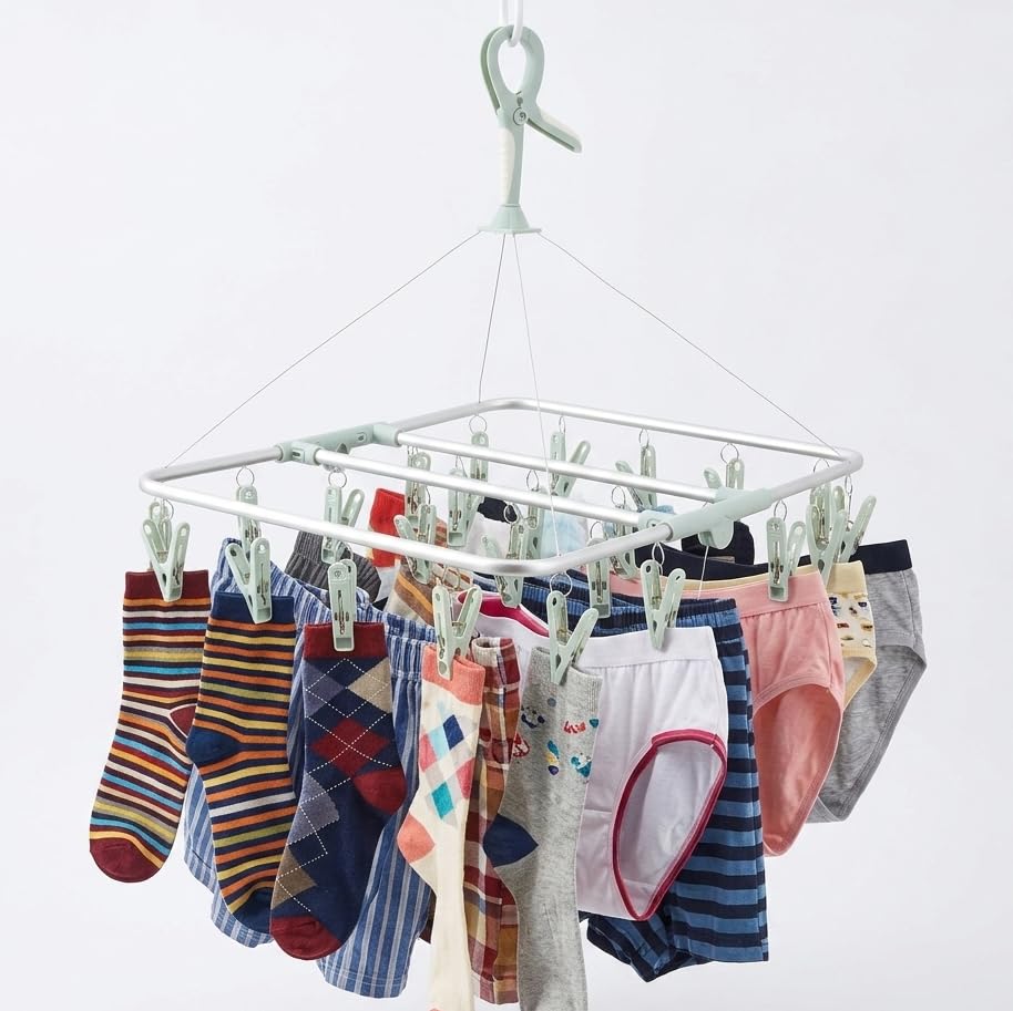 The Hanger Store Multi-Peg Clothes Drying Rack, Mint Green with Aluminium Frame, 24 Clips, Foldable Laundry Organizer, Space-Saving Design
