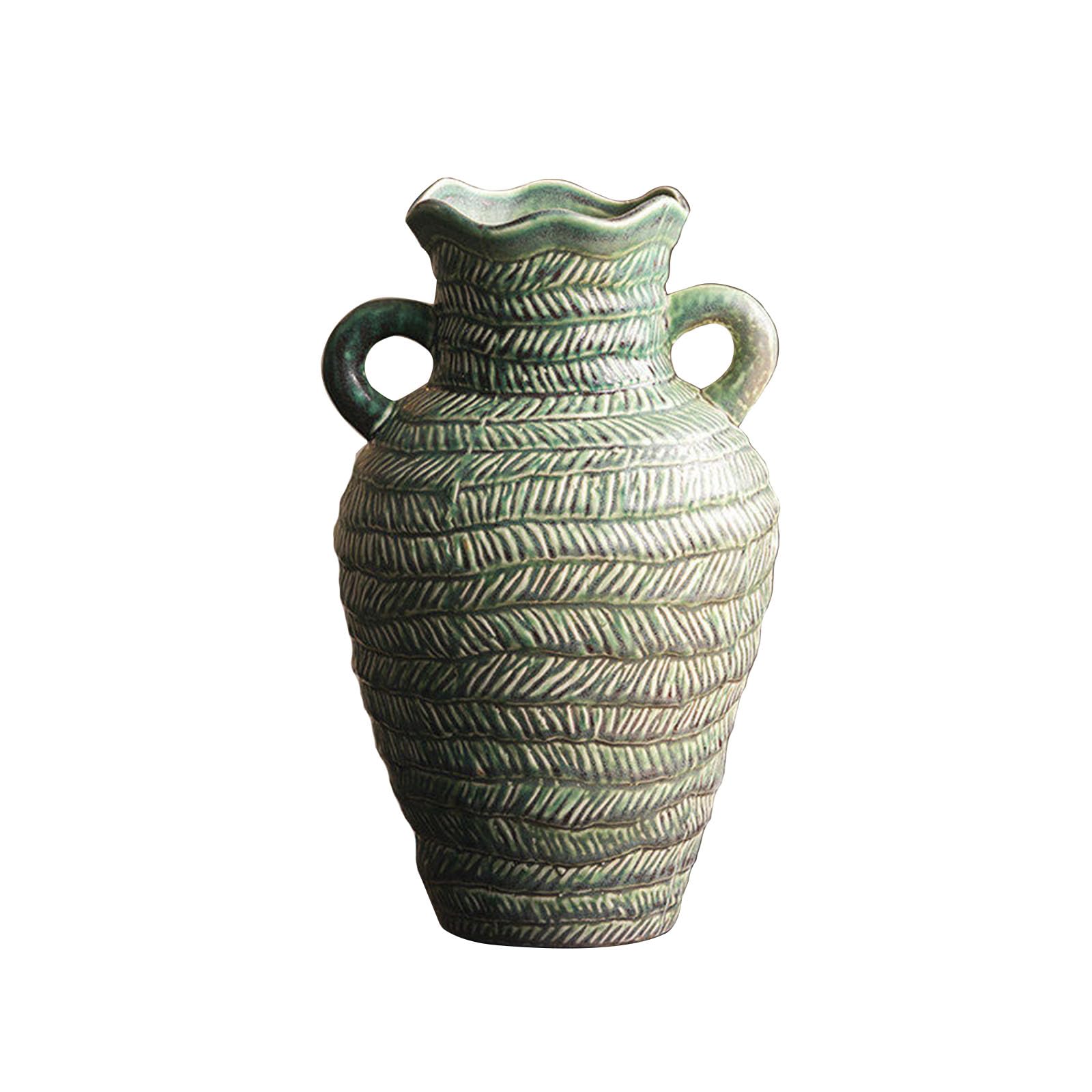 2 Handle Ceramic Vase, Vintage Countertop Vase with Art Texture Design, Ornament for Living Room, Bedroom, Study, Entrance Hall, Green(Size:19 * 19 * 32CM,Color:Green B)
