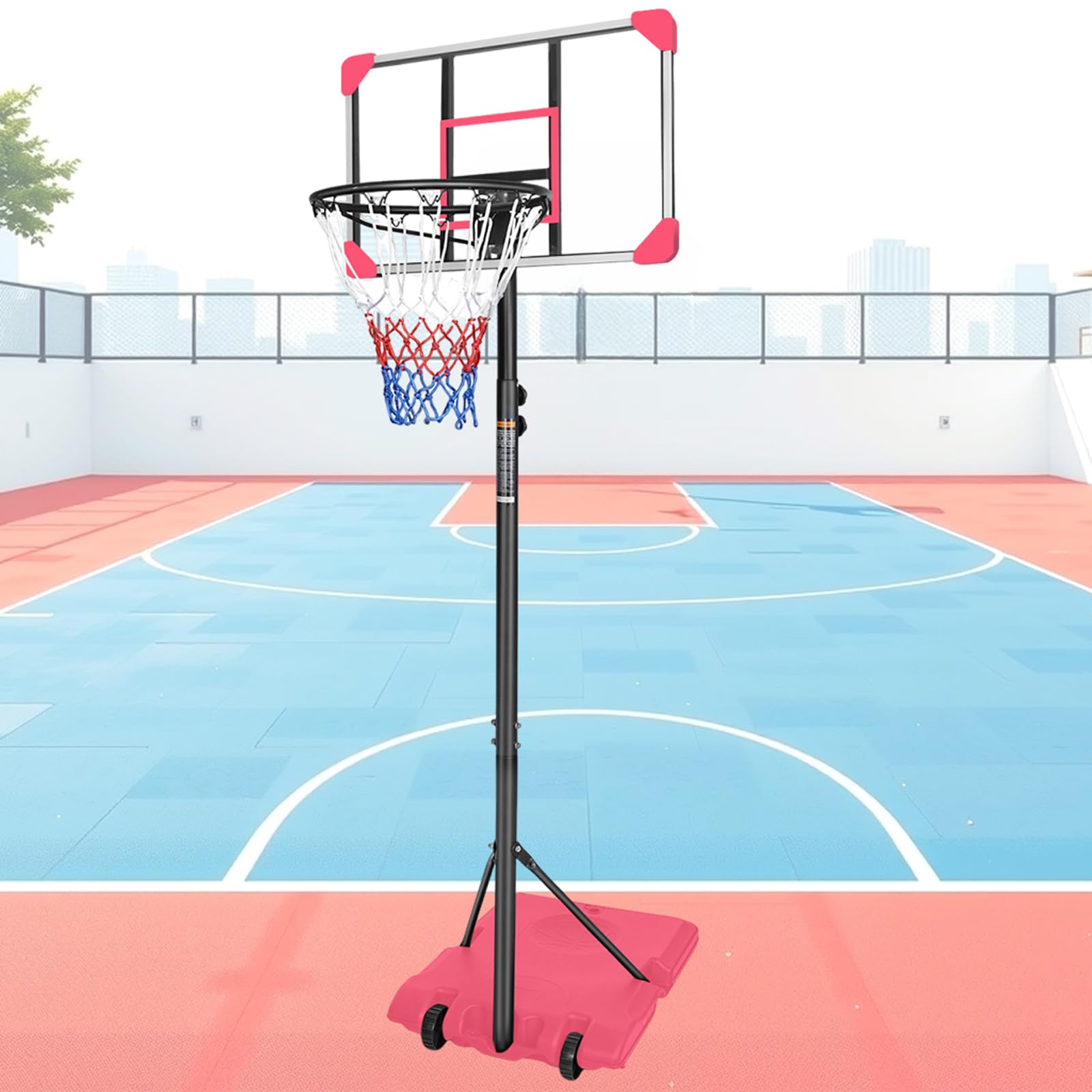 Portable Basketball Hoop Outdoor, Basketball Goal Indoor 5.6-7ft Adjustable Height, Basketball Goal Court System with Basketball Net,Basketball Hoop Indoor with Stable Base and Wheels (Pink)