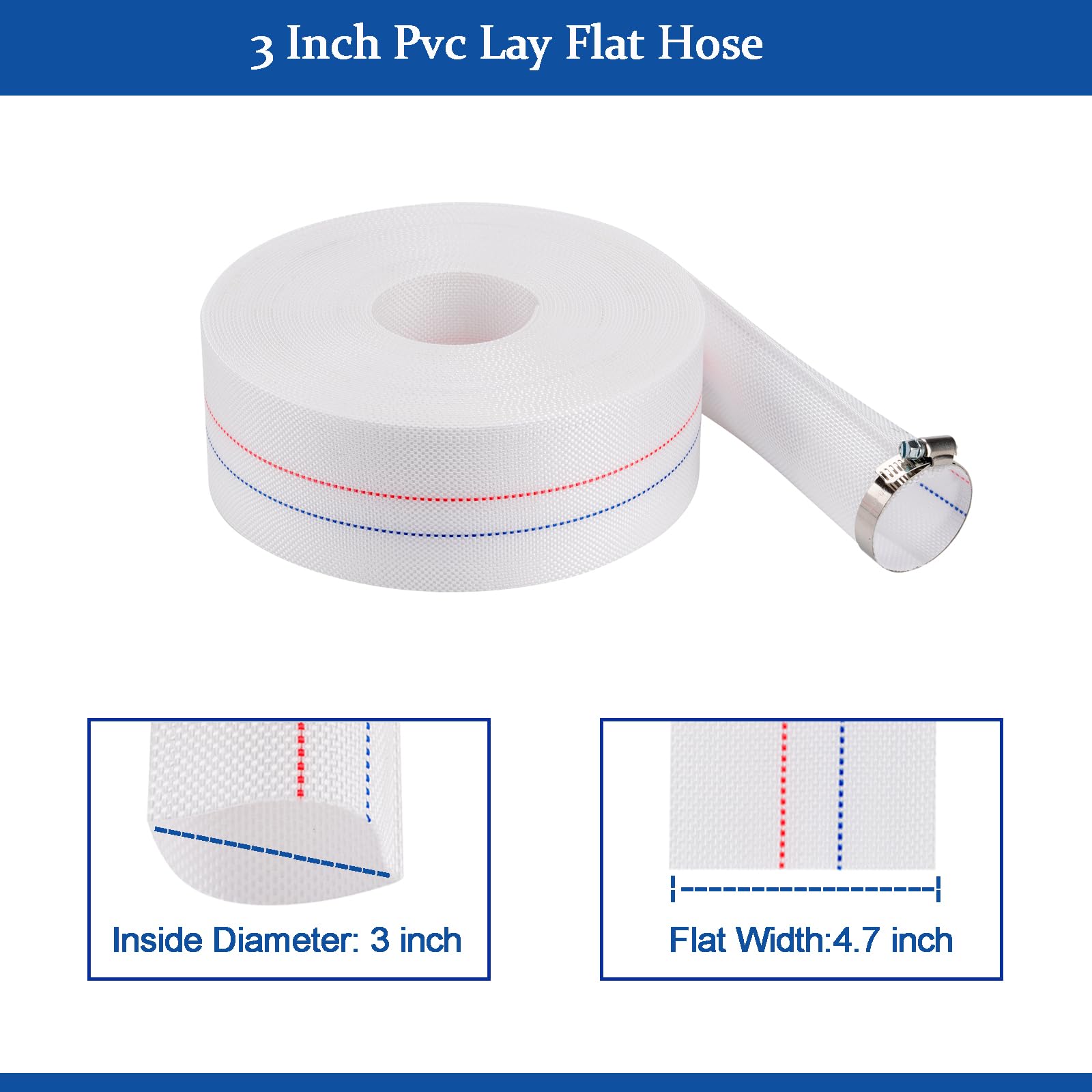 Eastrans Manguera de retrolavado de piscina de 3 x 250 pies, manguera plana de descarga resistente para piscina, mangueras de drenaje con abrazadera, 10 bar