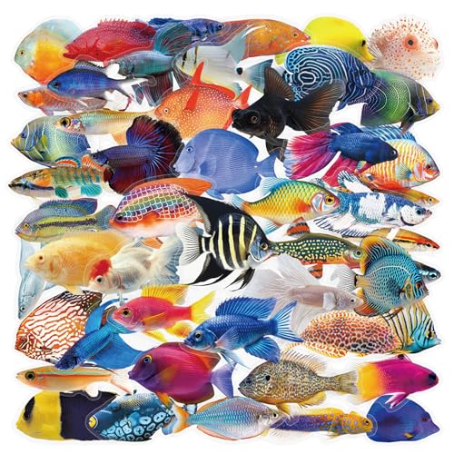 50PCS Clear Tropical Marine Life Ocean Stickers PET Fish Aesthetic Sticker for Journaling Junk Journal Scrapbook Supplies Waterproof Transparent Fishing Decals for Resin Crafts Decorative(Fishes)