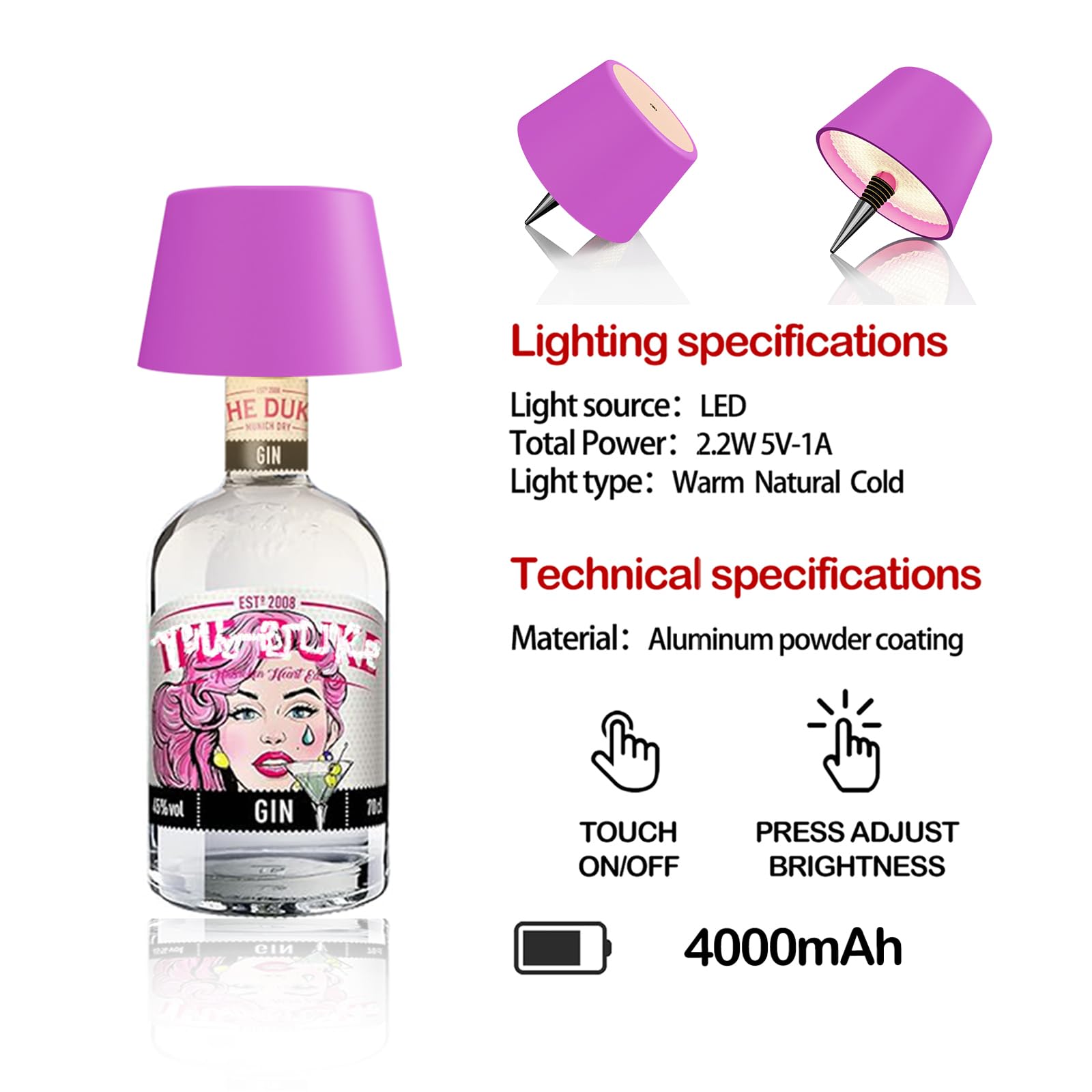 MU LIN lampada bottiglia ricaricabile,lampada da tavolo senza fili,Controllo Touch da 3 Modalita Temperatura di Colore, Dimmerabile, per Soggiorno, Ristorante