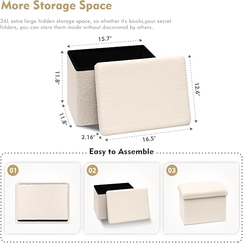 Miniatura 2 de PINPLUS Taburete otomano de almacenamiento, otomana plegable Sherpa blanca, otomana con almacenamiento, otomana de terciopelo de peluche para sala