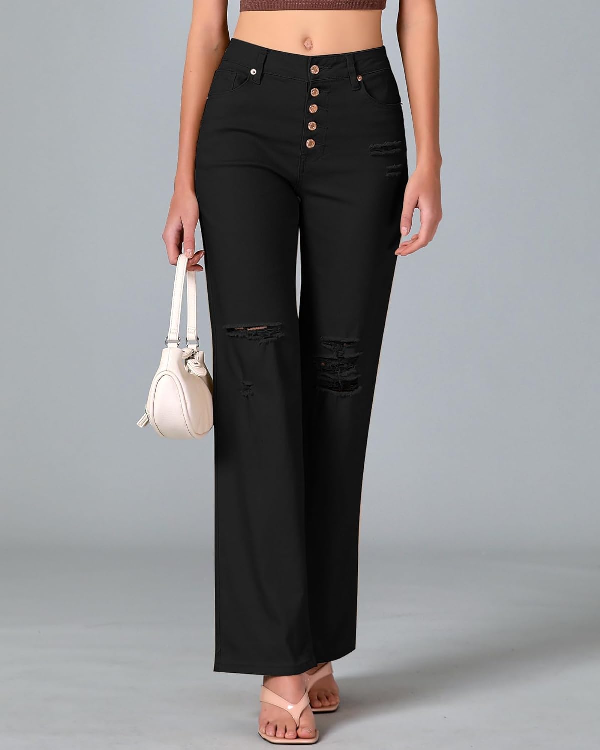 LookbookStore High Waisted Ripped Flare Jeans for Women Distressed Bell Bottom Jeans Wide Leg Pants - Image 2