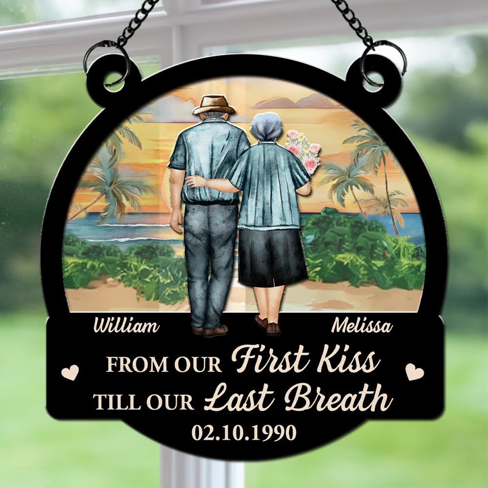 Wife and Husband Personalized Suncatcher - from Our First Kiss Custom Acrylic Decor with Hanging Chain for Couple, Birthday Gift for Him Her Wedding Anniversary Home Decoration — image 1