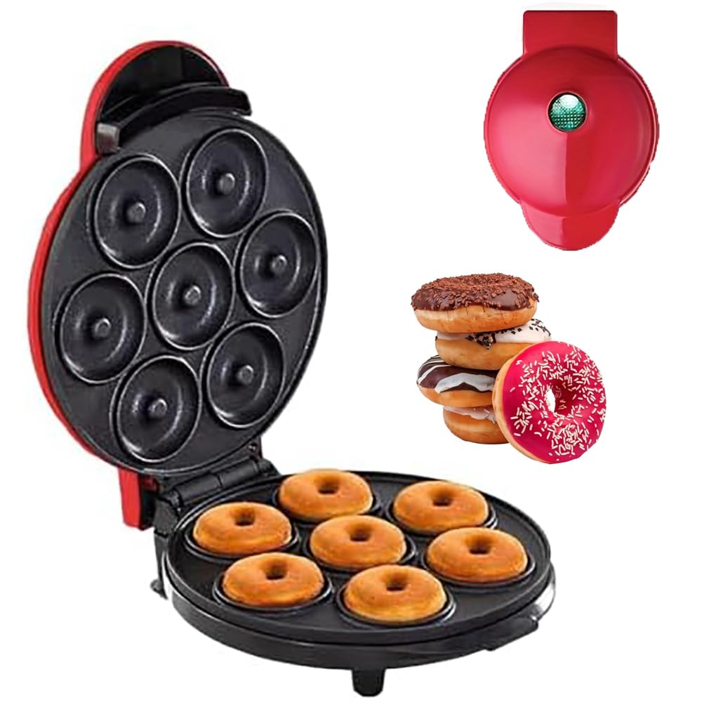 Mini máquina para hacer donas, calefacción de doble cara, superficie antiadherente para desayuno, aperitivos, postres, hace 7 donas