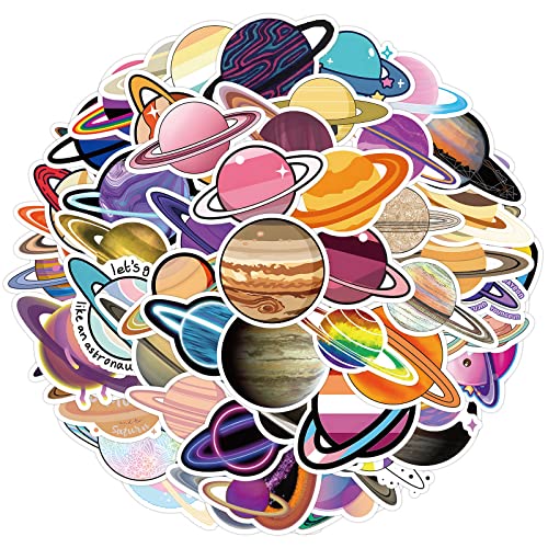 Cobee Calcomanías de planetas del universo, 50 unidades, calcomanías de vinilo de dibujos animados de planetas espaciales para niños y adolescentes, impermeables, calcomanías de vinilo de astronomía