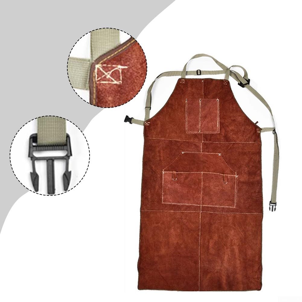 Delantal de soldadura de cuero de vacuno resistente al calor y al fuego, con seis bolsillos para herramientas, para soldadores, herreros y armeros, marrón, 65 x 115 cm