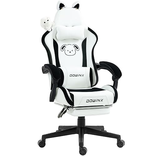 Dowinx Gaming Stuhl - Süße Hund Edition - Ergonomischer Computerstuhl mit Hoher Rückenlehne und Lendenwirbelstütze, PU-Leder, Fußstütze, Weiße Hund - Weiß Hund - Kaninchen