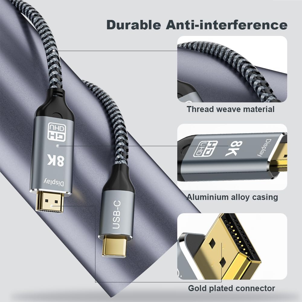 USB C to HDMI 2.1 Cable, 8K@60Hz 4K@144Hz,Thunderbolt 4/5 to HDMI，Type C Compatible with MacBook Pro M4,M3, iPad, iPhone 16Pro, Supports HDCP 2.3 & HDR10, High Speed 48Gbps, Gaming Monitor