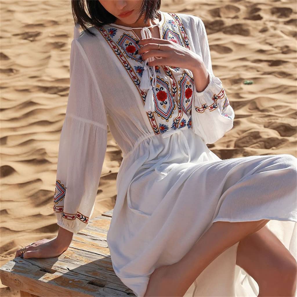 Amazon.com: DUYHBAWRS Beach Dresses Boho Women's Long Dress Floral  Embroidery Vintage Long Sleeve Cotton Long Tunic Beach Dress  Bikini(OneColor,XL) : Clothing, Shoes & Jewelry