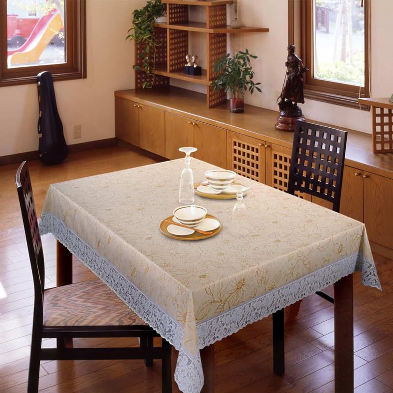 Freelance PVC Vinyl Tuscany Flannel Backing Dining Plastic Table Cover Cloth - Waterproof Protector, 4 Seater, Round 60 inches (with White Border Edge Lace) - Product of Meiwa, Japan-image-1
