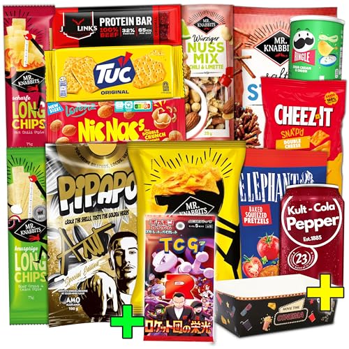 Snack Box XXL | Internationaler Mix: Chips Nüsse & herzhafte Snacks | Inkl. Kult-Drink & Japanischem TCG Booster | Candy & Bar
