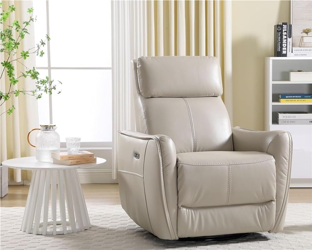 Silver Gray Leather Power Recliner Chair with 270° Swivel, Glider Rocker Function and USB Charging Port, Comfortable Electric Recliner Sofa for Nursery or Living Room