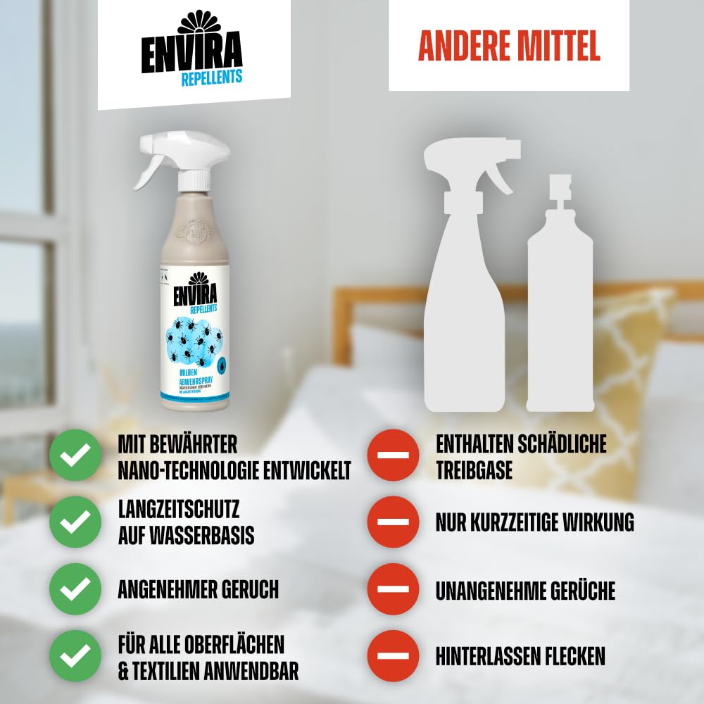 Envira Milben Abwehrspray 500 ml + 5 Liter - Spray mit Langzeitwirkung gegen Milben & Hausstaubmilben - Milbenschutz für Matratzen - Mittel gegen Milben in der Wohnung
