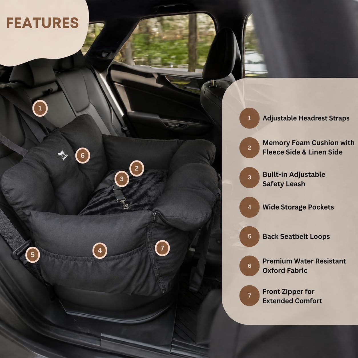 JACKO & CO - Asiento elevador de coche para perros v2 de alta calidad para mascotas pequeñas y medianas de menos de 40 libras, lavable a máquina con fundas extraíbles, resistente al agua con correa de
