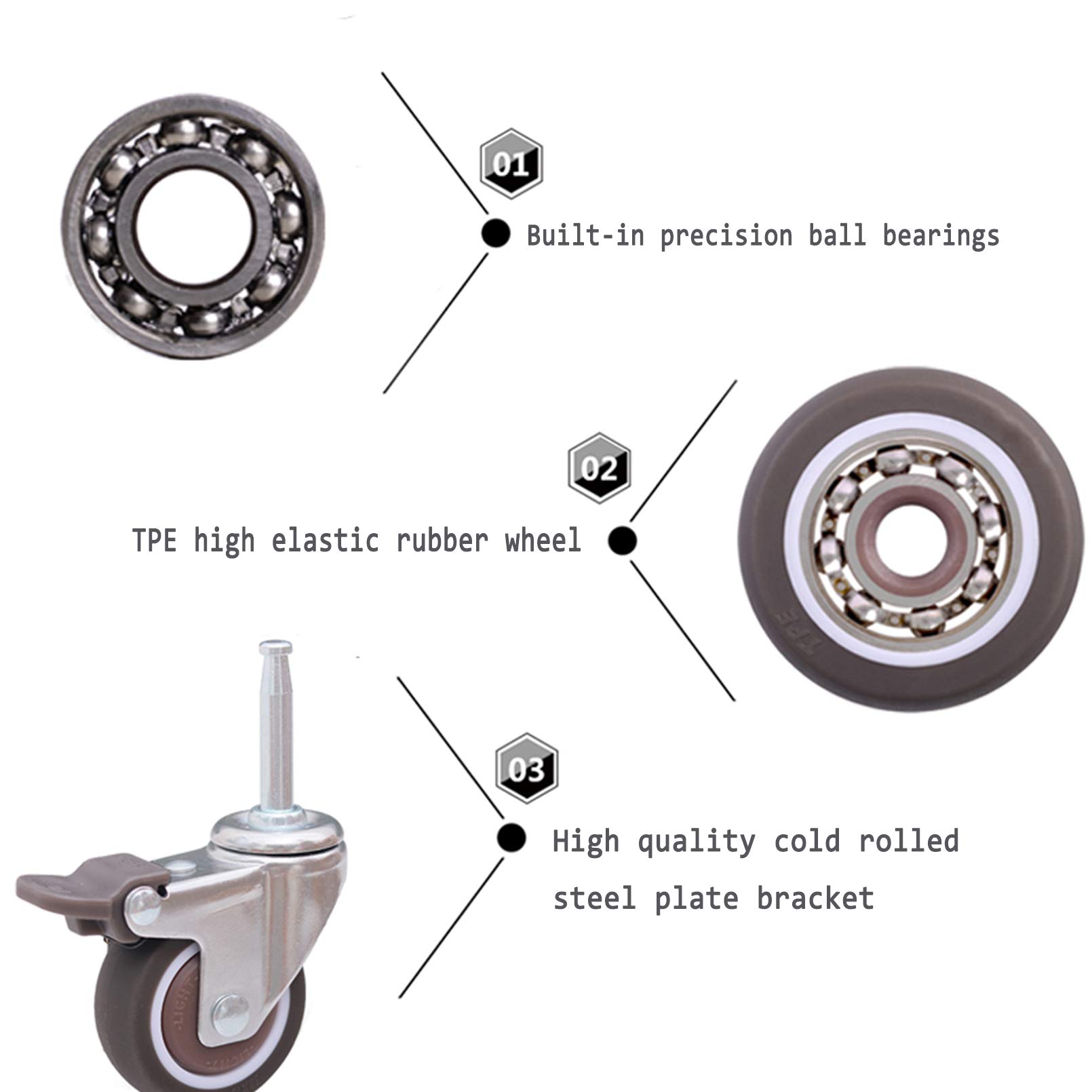 4X roulettes pour Lit d'enfant,roulettes Pivotantes en Caoutchouc avec Frein,Roue de Meuble 1,5/2 Po,Accessoires de Berceau Bébé,avec Tige à Insérer M7/M7.4/M8,Charge 80kg(M750mm)