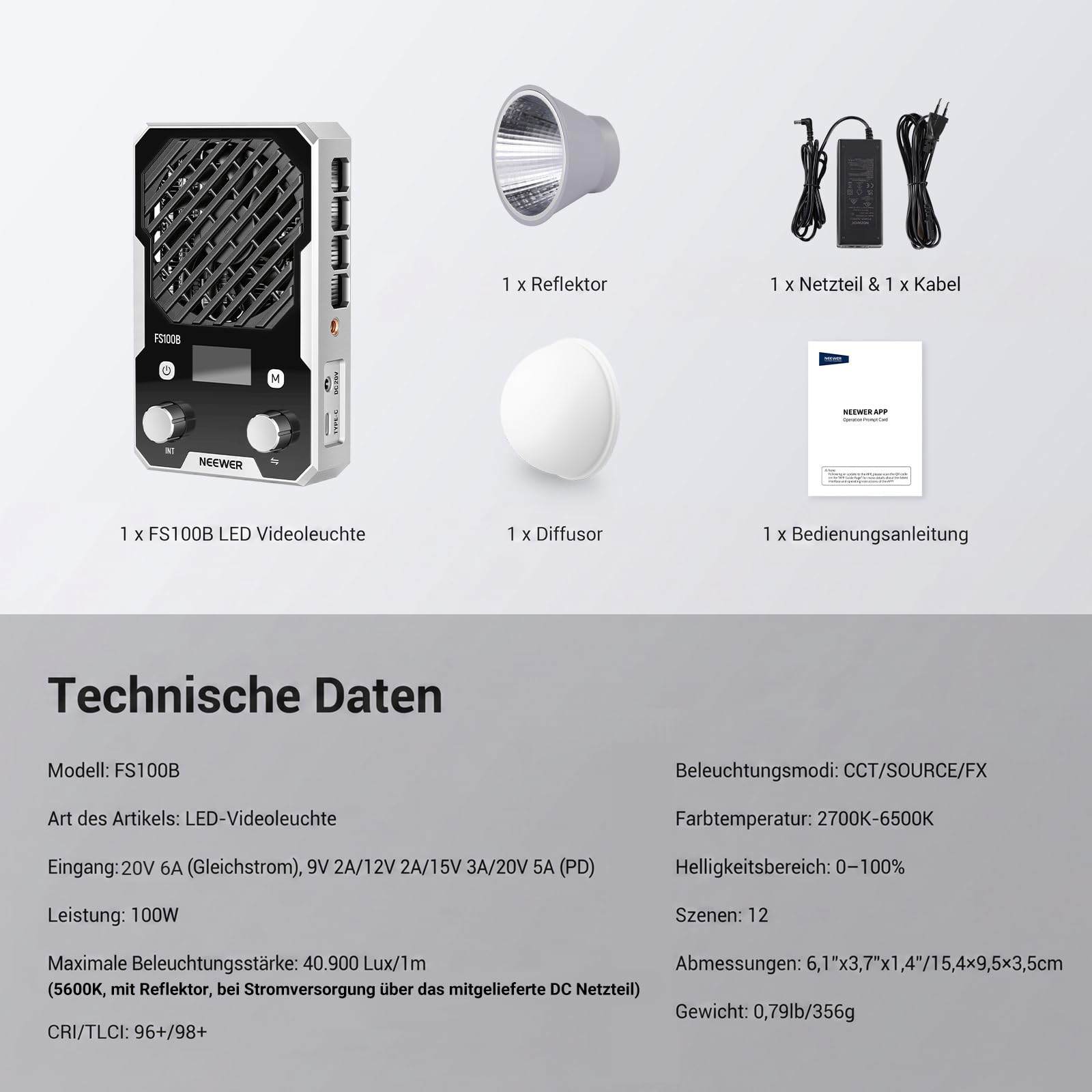 NEEWER 100W ultrakompaktes LED Videolicht mit App und Panel Steuerung, bi farbige COB Videoleuchte im Taschenformat mit konstanter Lichtleistung, 4 Dimmkurven, 2700K–6500K, CRI 96+, FS100B