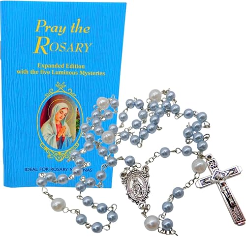 Westmon Works Juego de oración de libro de Rosario y María Milagrosa con cuentas de vidrio y crucifijo de metal, Vidrio, Sin piedra preciosa