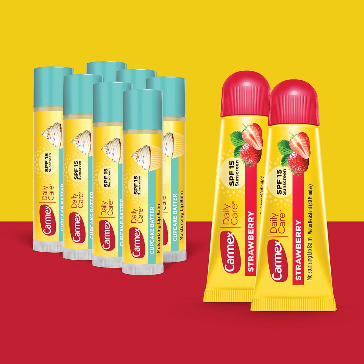 Carmex Daily Care Feuchtigkeitsspendender Lippenbalsam, LSF 15, Erdbeer- und Cupcake-Teiggeschmack, verschiedene Packungen, 9 Stück (7 Sticks, 2 Tuben)