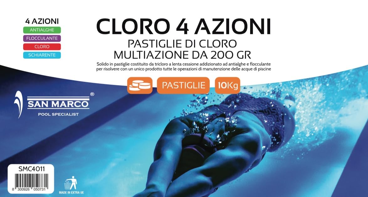 San Marco pastiglie multifunzione per piscina, trattamento 4 in 1: clorante, antialghe, stabilizzante del Ph e Flocculante per Acqua di Piscine disponibile in diversi formati da 1,5,10,25 kg (10 kg)