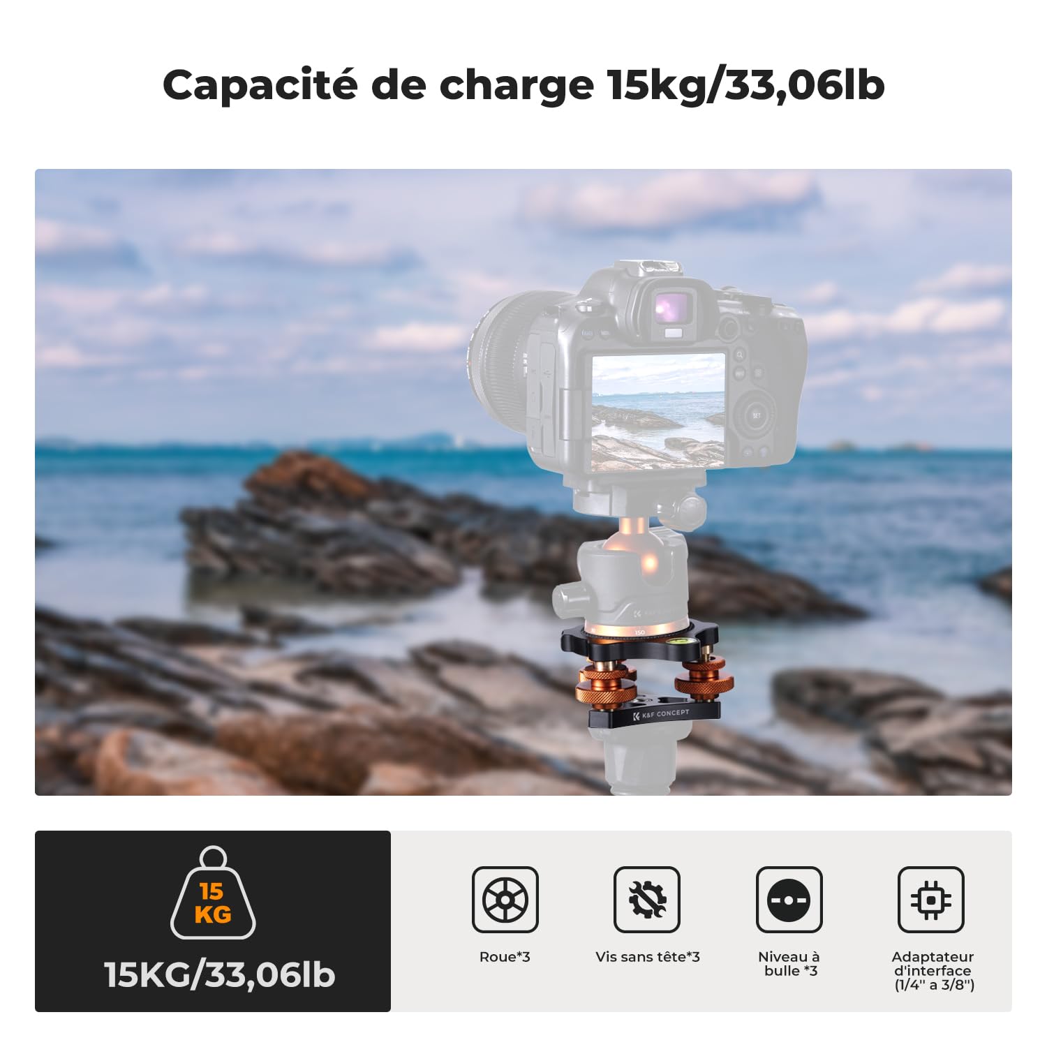 K&F Concept Trépied Niveleur à Trois Roues, Réglage Base de Nivellement LP‑48, Niveau à Bulle de Niveleur Aluminium pour Appareil Photo Canon, Nikon et Sony DSLR, Rotule
