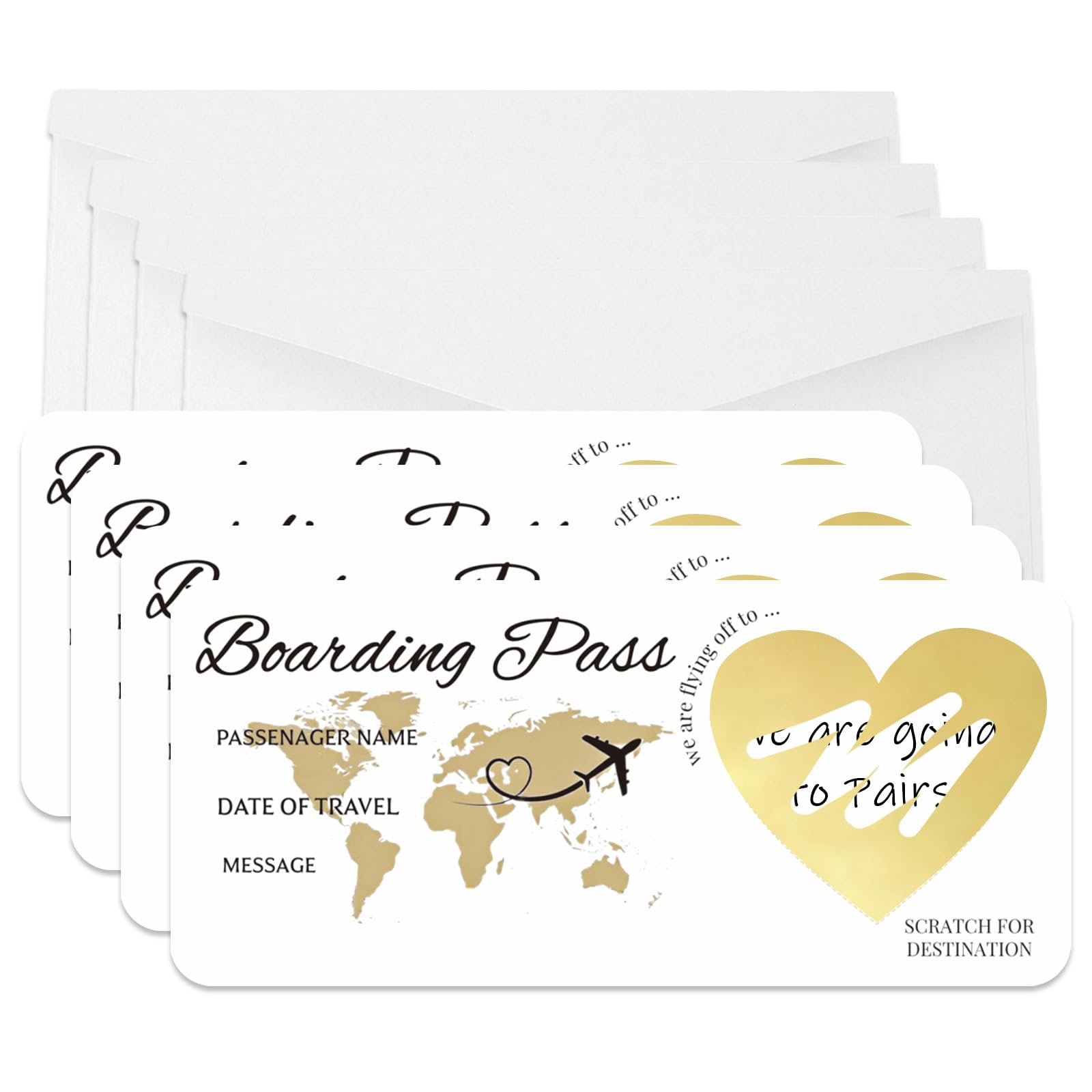 AIKOBAA 4PCS Surprise Travel Reveal Card Kit - Personalisable Golden Boarding Pass with Scratch-Off Heart Sticker & Kraft Envelope, Holiday Trip Announcement Gift for Family, Spouse, Lover (4)