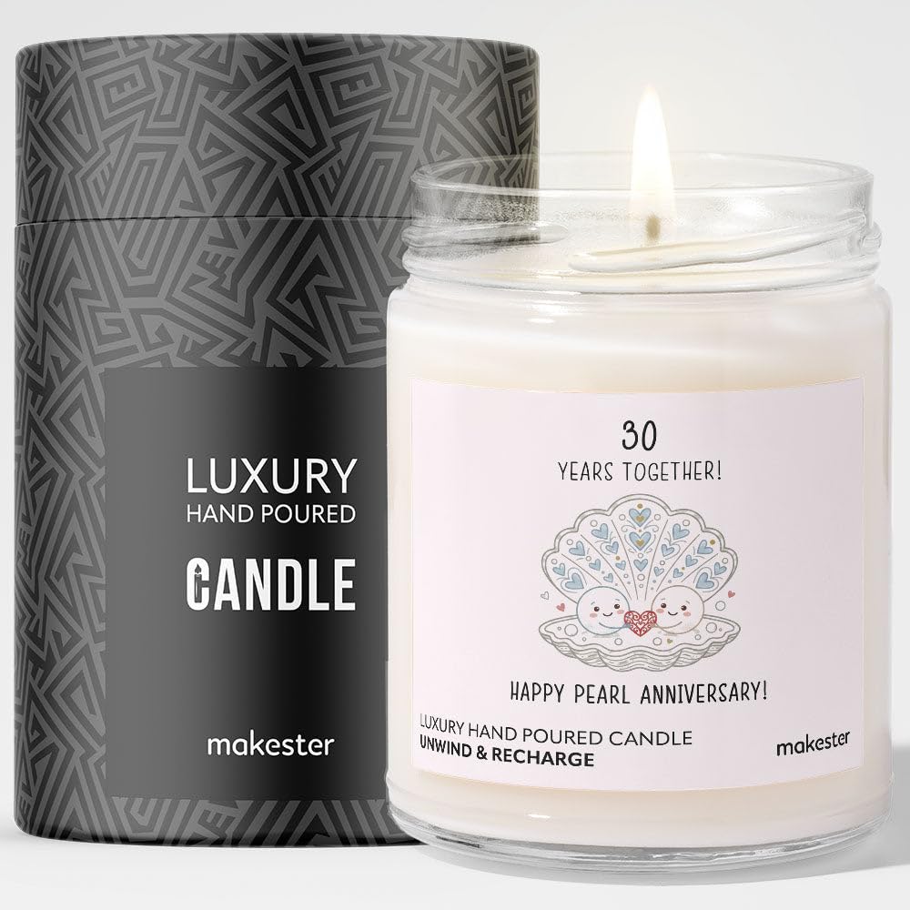 Gift for Pearl Anniversary - Luxury Soy Wax Candle - Vanilla, Jasmine, Sugared Almond - Makester — image 1