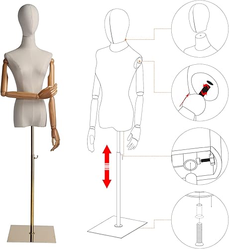 Miniatura 4 de Bonnlo Forma de vestido con cabeza y brazos de madera articulados, torso de maniquí ajustable en altura, modelo de exhibición de ropa femenina con