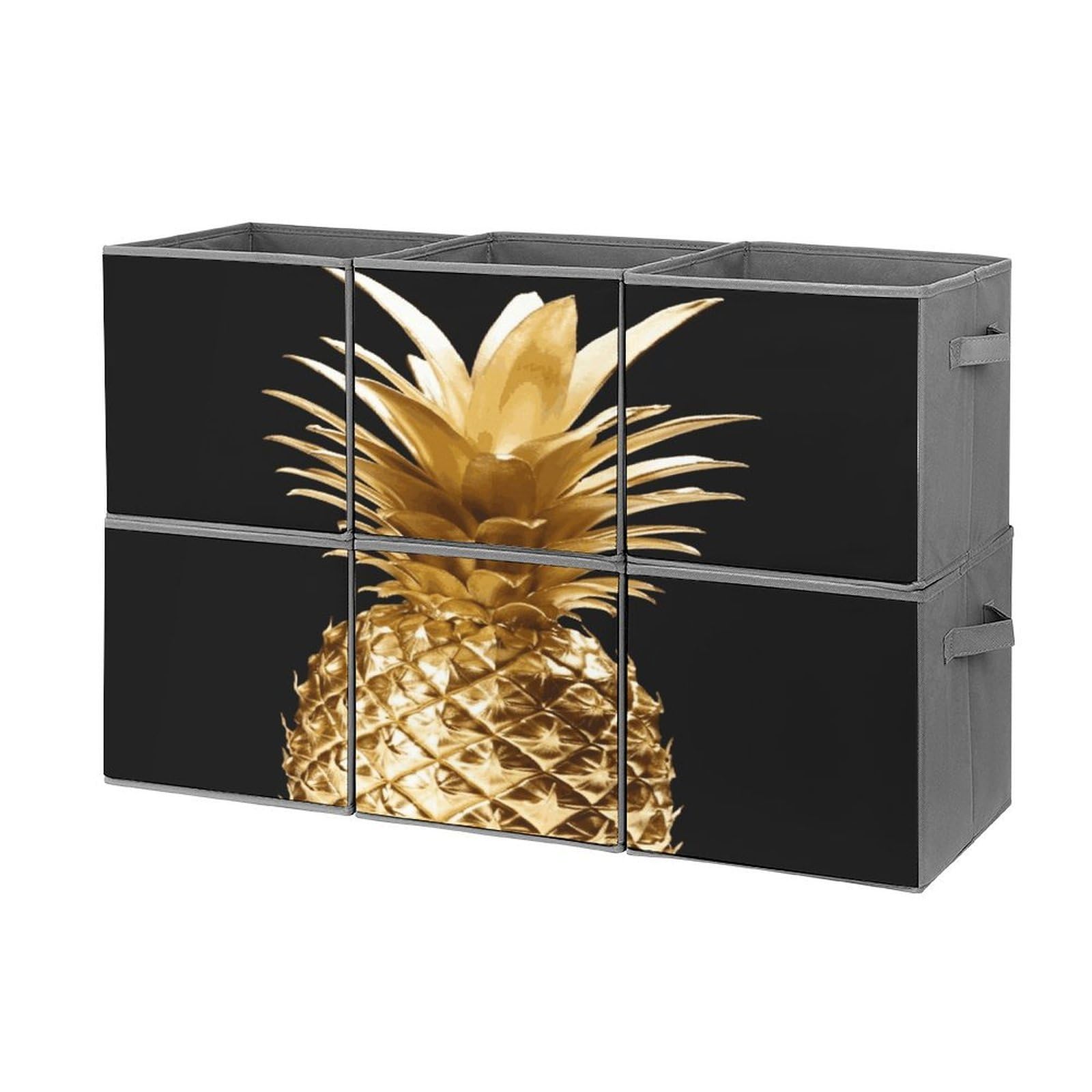 Fekiloot Style Gold Pineapple Storage Bin For Foldable And Handles,Closet Organizer Of 6-Pack Stackable,Storage Box For Living,Room, Office,Bedroom,Closet