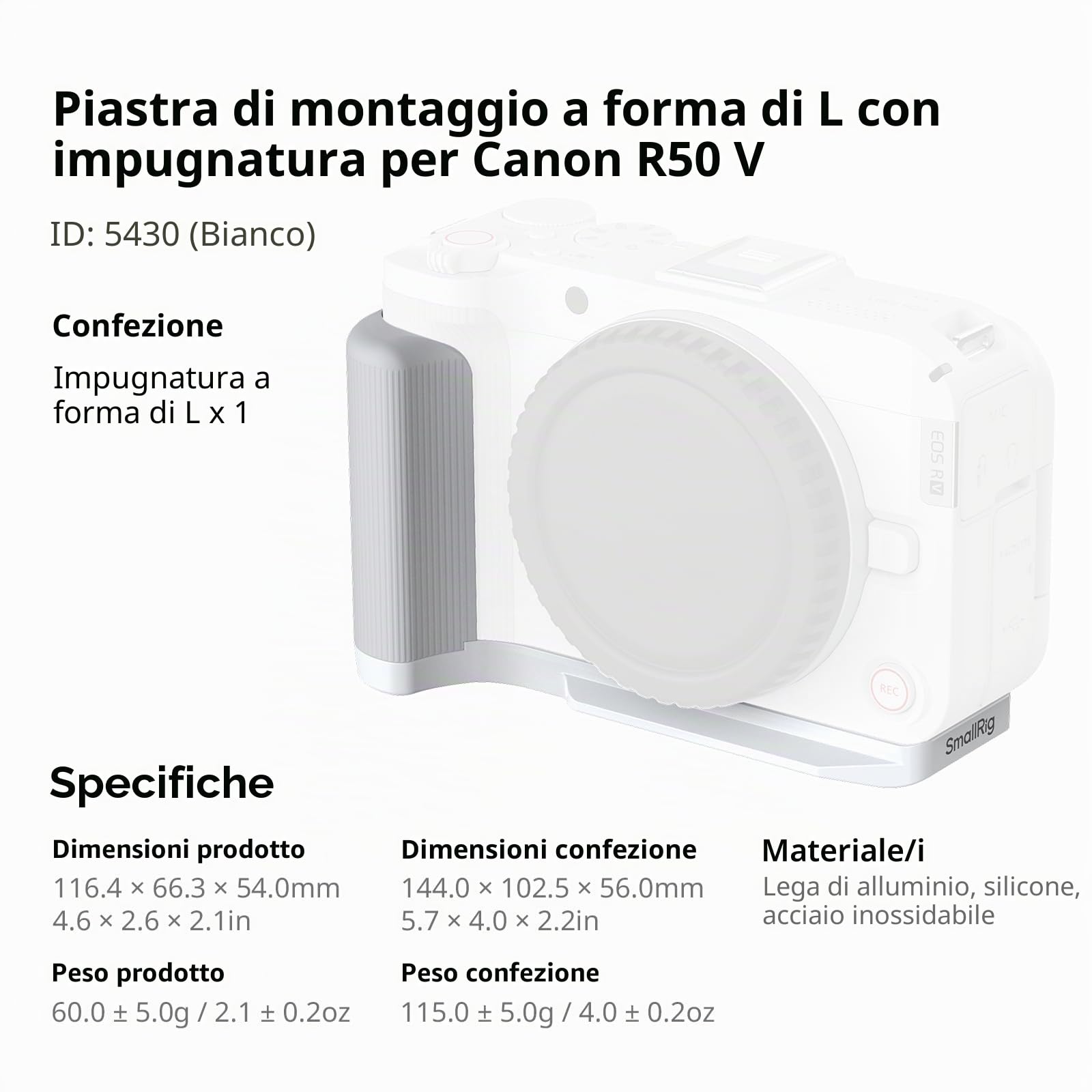 SMALLRIG Impugnatura R50 V a forma di L per Canon R50V con piastra a sgancio rapido per Arca, impugnatura laterale leggera a coste, supporto per scarpa fredda, fori filettati da 1/4"-20, supporto per