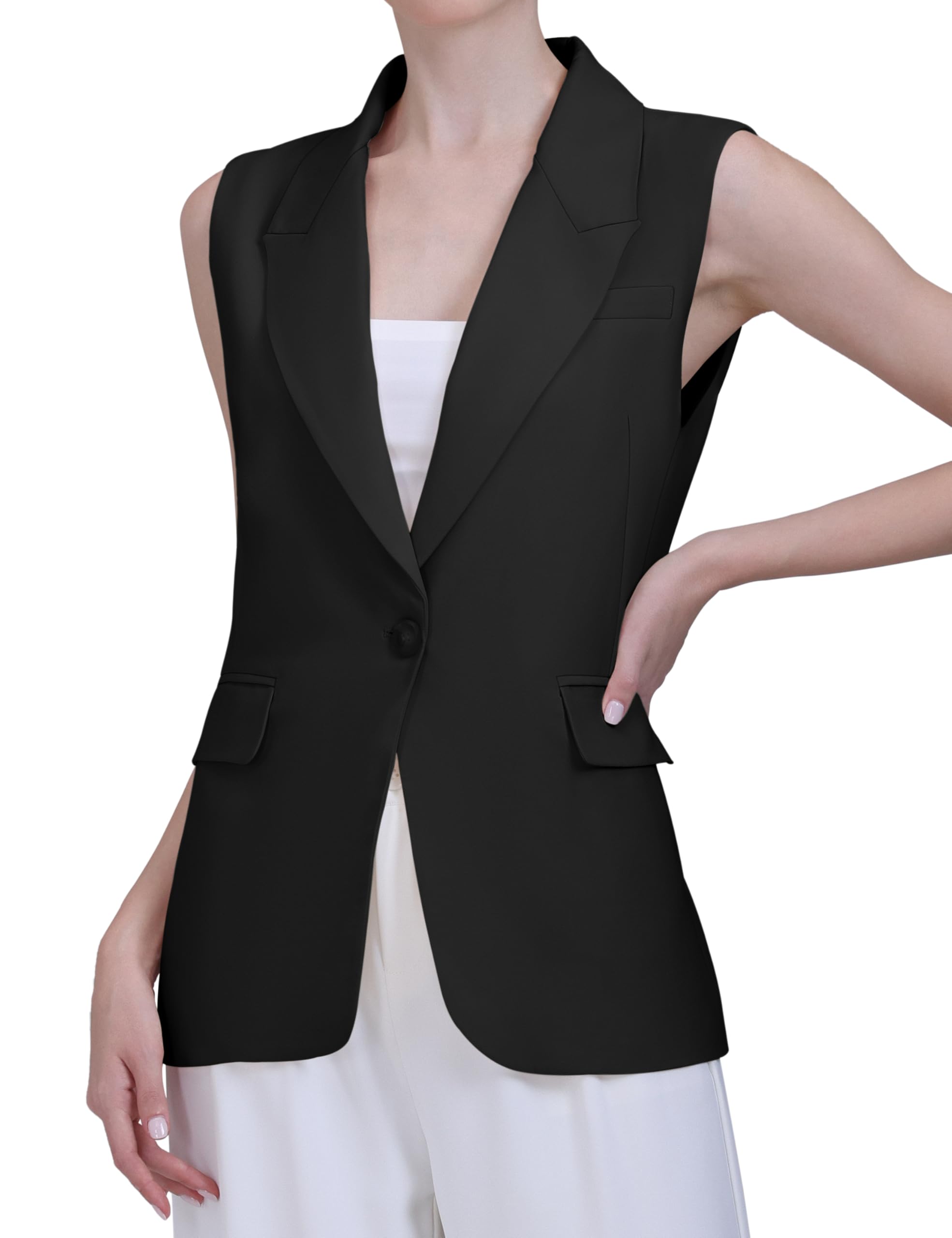 V VOCNI Women's Long Sleeveless Blazer Vests Casual Lapel Office Cardigans Vest Open Front Vest Tops Suit Waistcoat