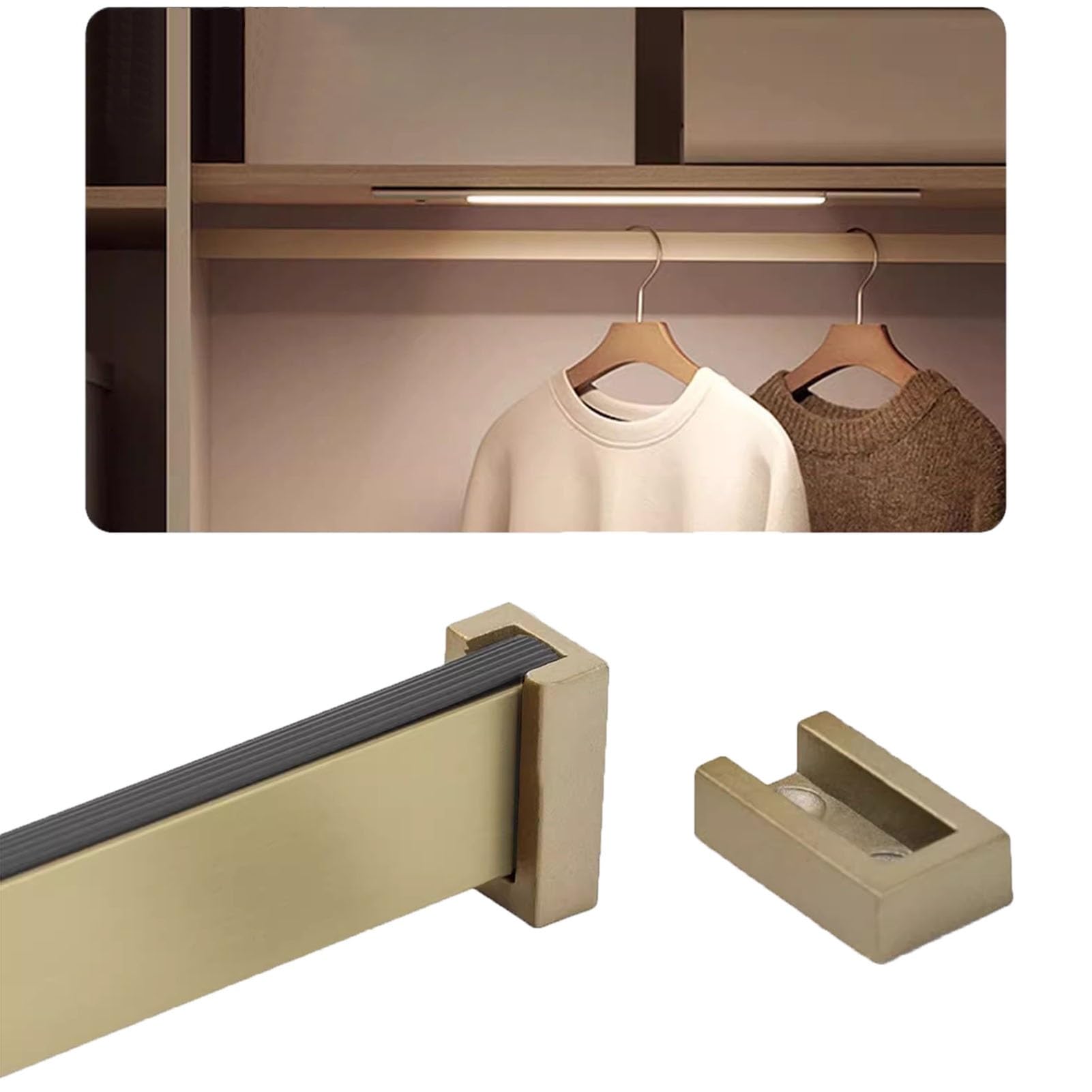 Blazea Gold Wardrobe Rail Metal Silent Anti-Slip Closet Rods For Hanging Clothes, Brushed Rectangle Wardrobe Clothes Organizer Bar, Closet Valet Pole Kit With Holders(,130Cm(51 1/8 In))