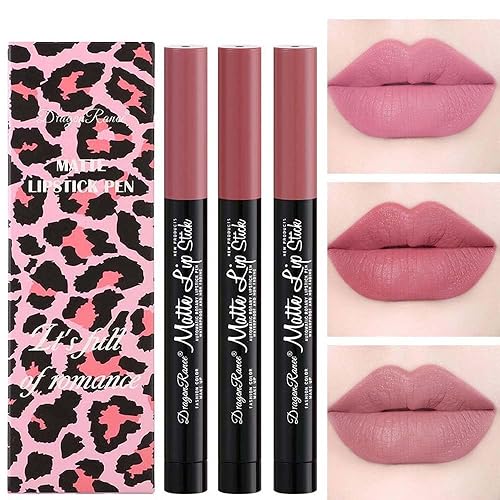 Juego de 3 lápices labiales automáticos rotativos de alto pigmento, rojo y rosa, suave, aterciopelado, de larga duración, no se decolora, tinte de