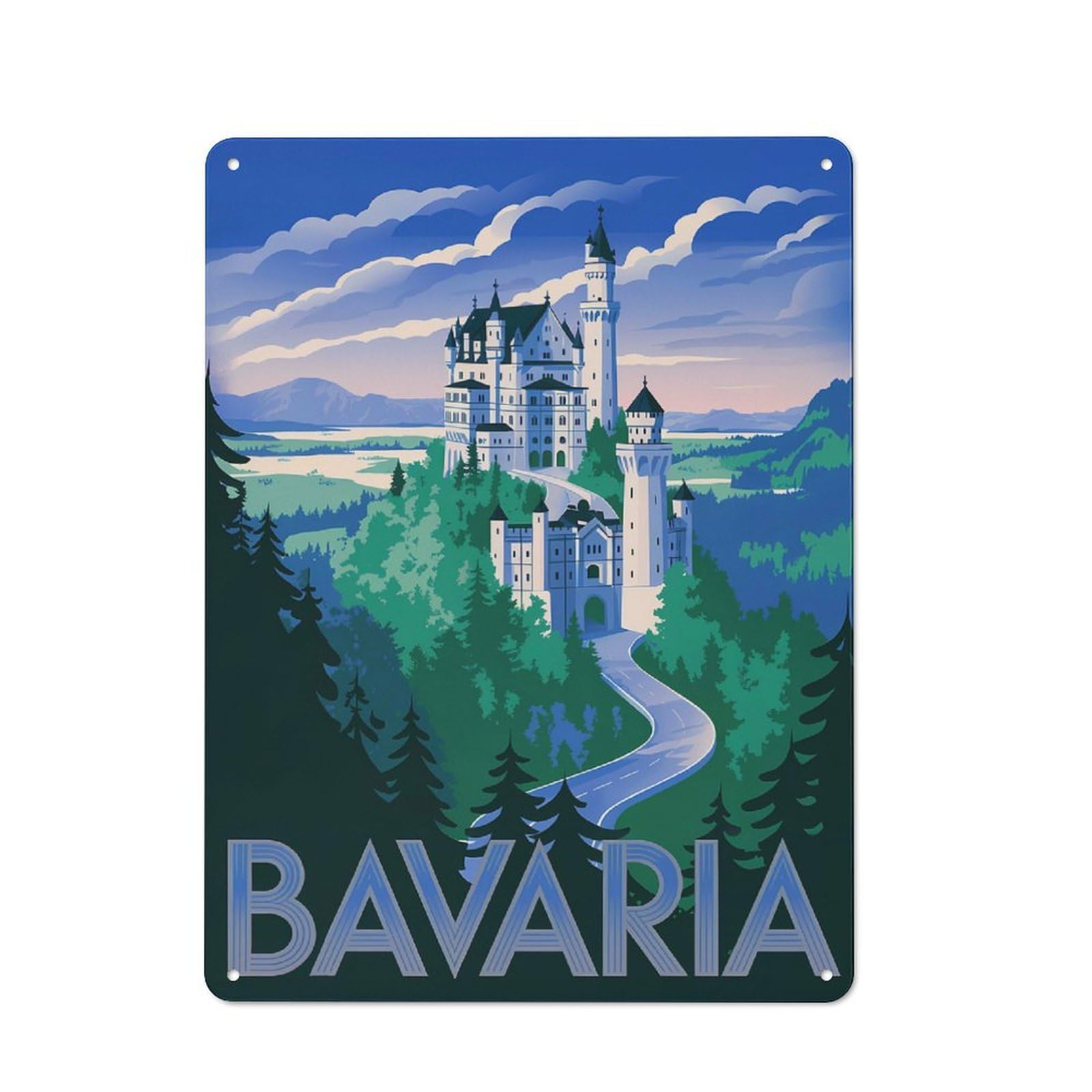 Junmoney Style-3 Metal Plaque With Bavaria Neuschwanstein Castle Travel Design 40X30cm, Rustic Cafe Wall Decor For Restaurant, Kitchen, Counter Or Breakfast Nook