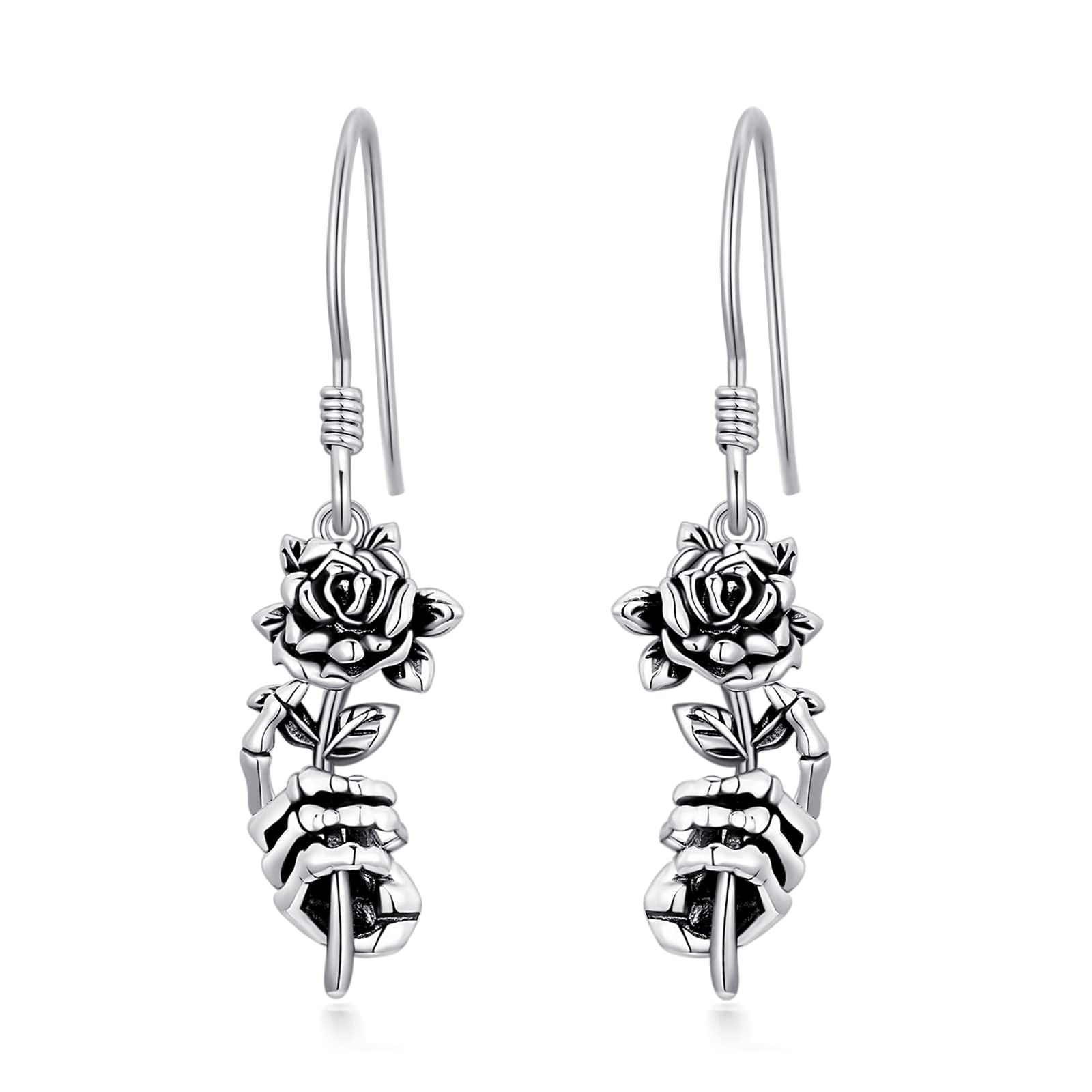 Seiyang Skull Earrings Sterling Silver Skull Rose/Hand/Crown/Cyberpunk/Samurai Drop Earrings for Women Men (with Gift Box)