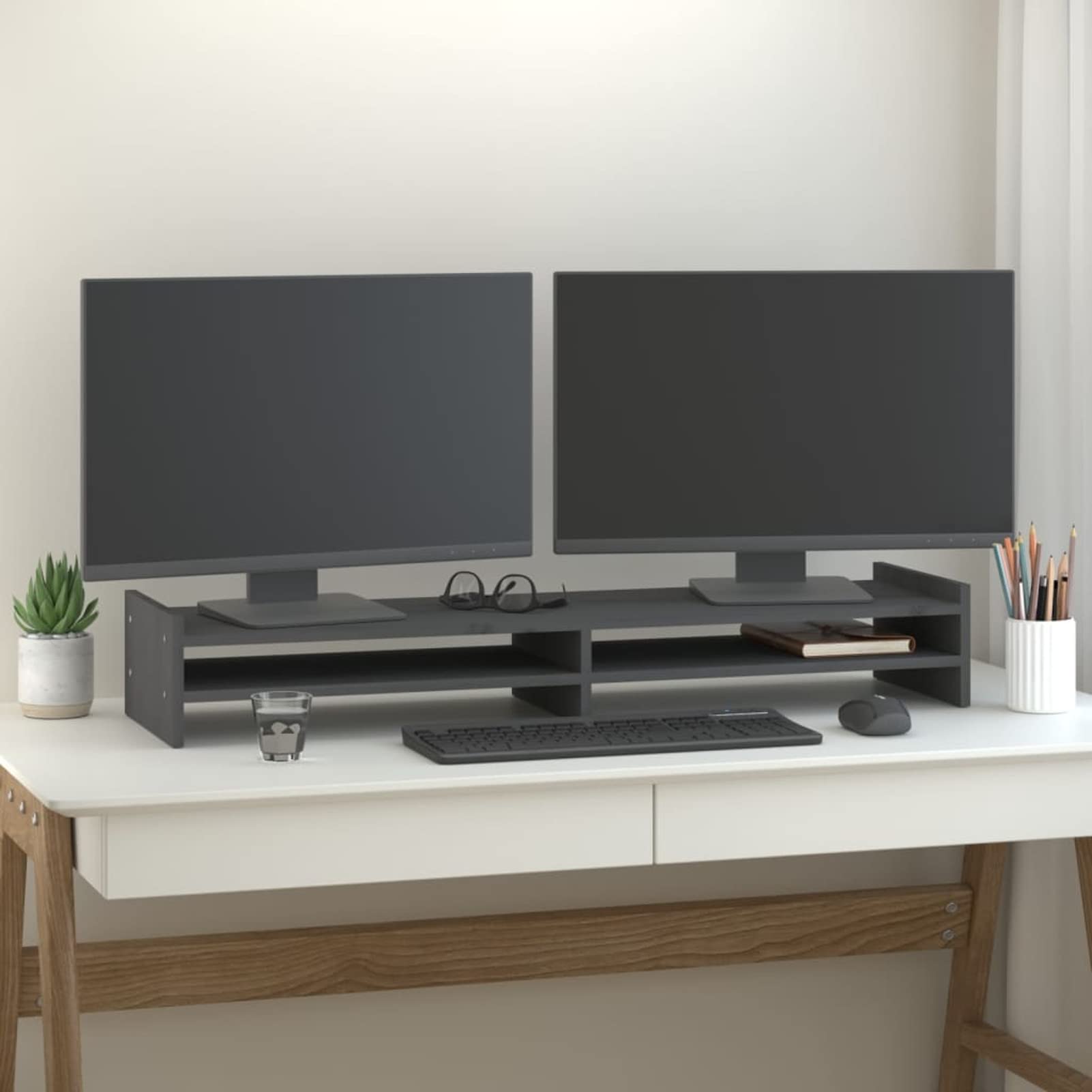 Gecheer Supporto per Monitor Grigio 100x27x15 cm Legno Massello di Pino-PLT1930